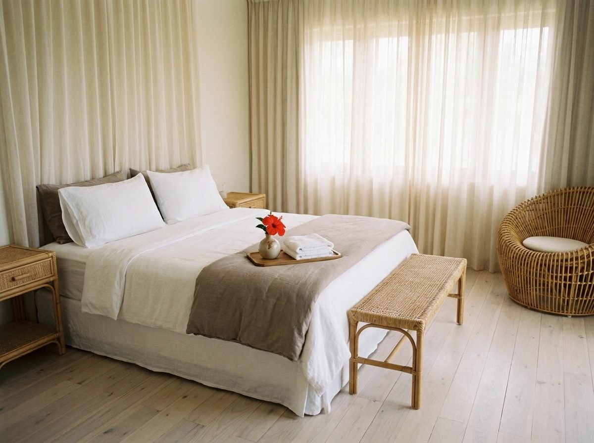 Chambre préparée avec linge blanc impeccable