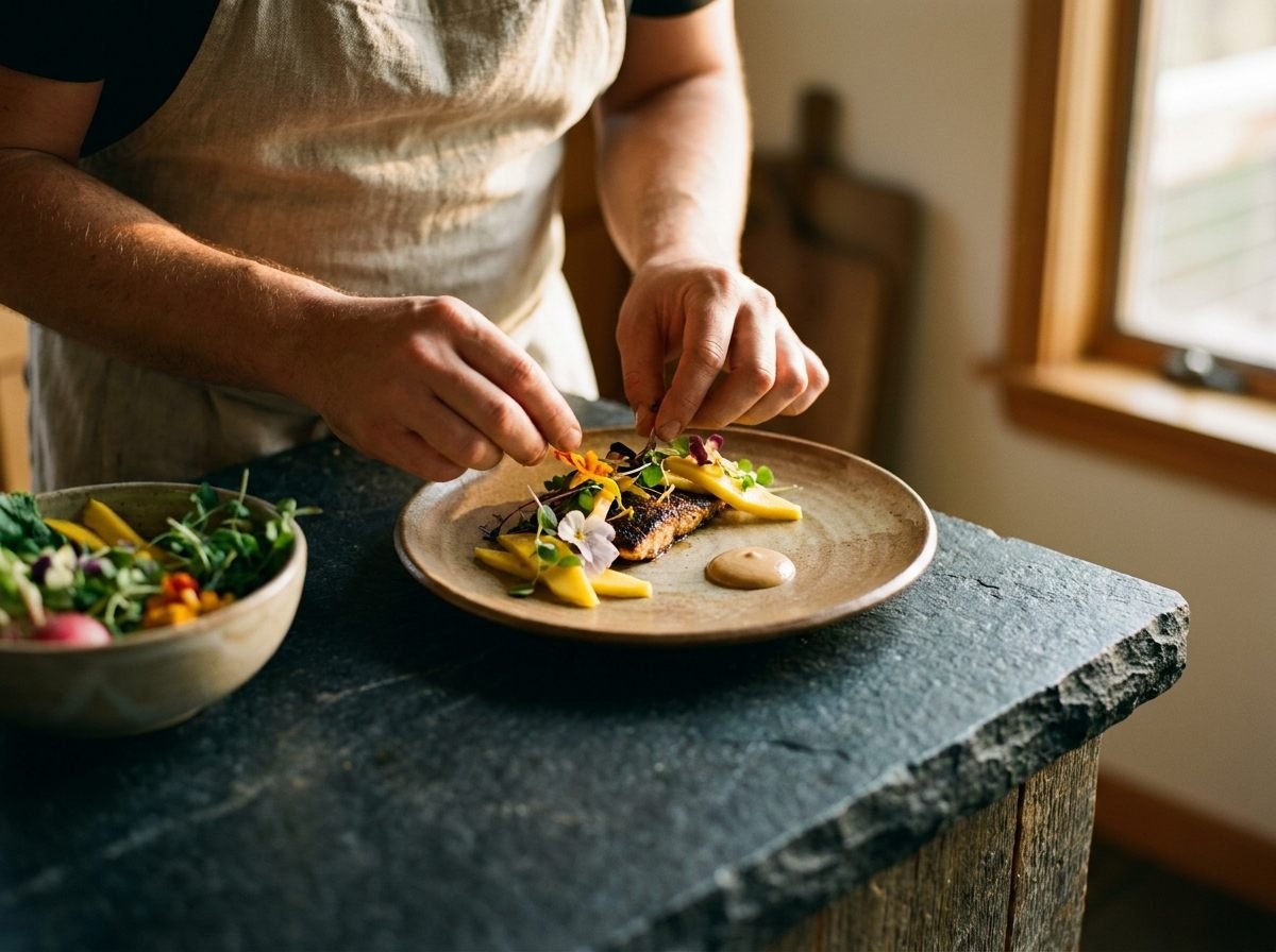 Chef à domicile dressant une assiette créole raffinée