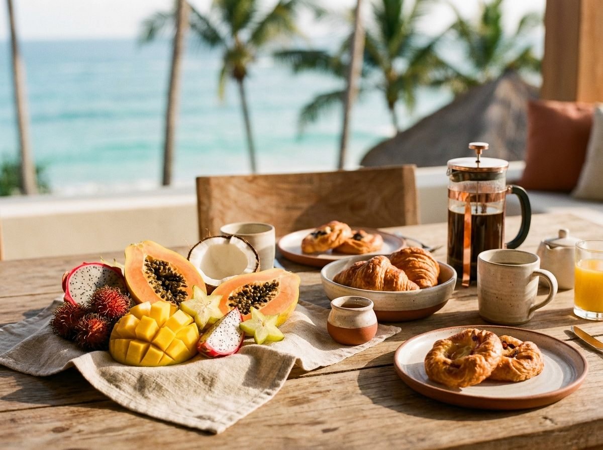 Petit-déjeuner tropical servi sur la terrasse d'une villa