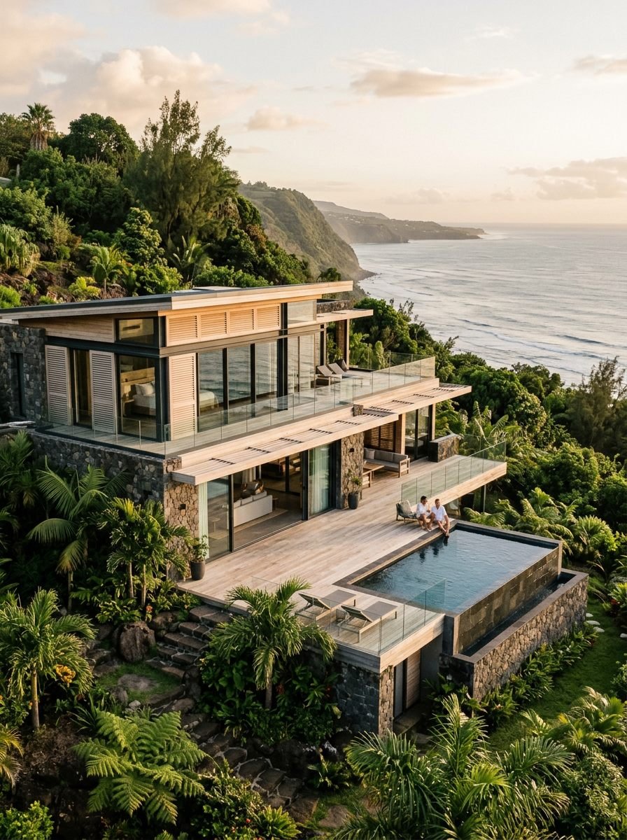 Villa contemporaine à flanc de colline avec vue sur l'océan Indien à La Réunion
